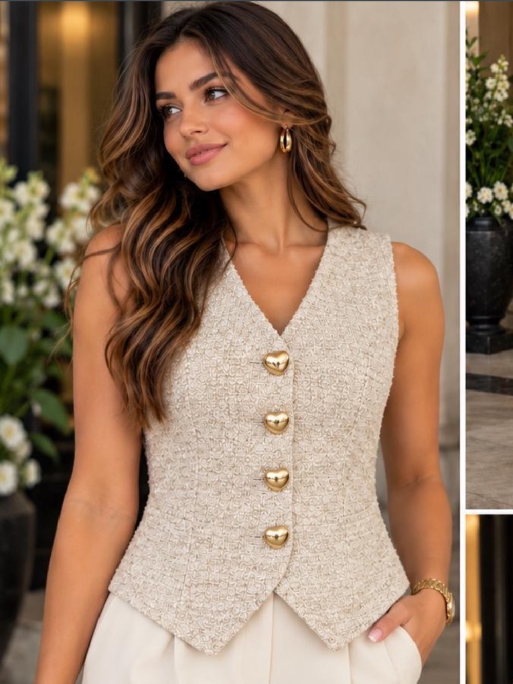 Zara Cream Textured Vest with Gold Heart Buttons